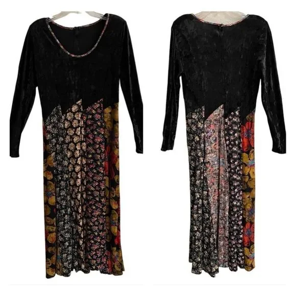 Vintage Handmade Patchwork Whimsygoth  Hippie Maxi Dress Long Sleeve Velvet - Picture 3 of 12
